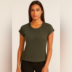 New PARALLEL SKIES Ribbed Button Rolled Sleeve Green Sweater Women SIZE Small